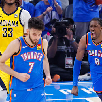 Jun 22, 2025; Oklahoma City, Oklahoma, USA; Oklahoma City Thunder forward Jalen Williams (8) reacts after scoring against the Indiana Pacers during the second half of game seven of the 2025 NBA Finals at Paycom Center. Mandatory Credit: Alonzo Adams-Imagn Images