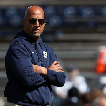 Sep 7, 2024; University Park, Pennsylvania, USA; Penn State Nittany Lions head coach James Franklin stands on the field during a warm up prior to the game against the Bowling Green Falcons at Beaver Stadium. Mandatory Credit: Matthew O'Haren-Imagn Images