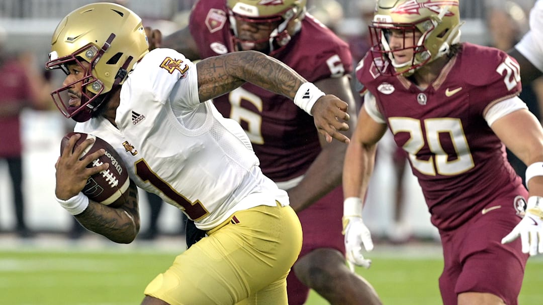 Sep 2, 2024; Tallahassee, Florida, USA; Boston College Eagles quarterback Thomas Castellanos (1) runs the ball during the first quarter against the Florida State Seminoles at Doak S. Campbell Stadium. Mandatory Credit: Melina Myers-Imagn Images