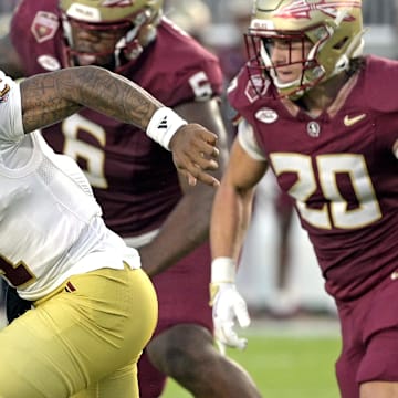 Sep 2, 2024; Tallahassee, Florida, USA; Boston College Eagles quarterback Thomas Castellanos (1) runs the ball during the first quarter against the Florida State Seminoles at Doak S. Campbell Stadium. Mandatory Credit: Melina Myers-Imagn Images