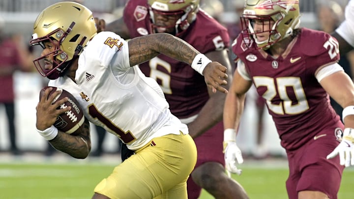 Sep 2, 2024; Tallahassee, Florida, USA; Boston College Eagles quarterback Thomas Castellanos (1) runs the ball during the first quarter against the Florida State Seminoles at Doak S. Campbell Stadium. Mandatory Credit: Melina Myers-Imagn Images