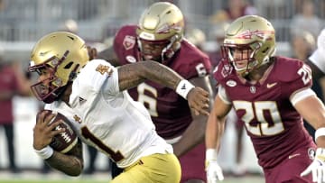 Sep 2, 2024; Tallahassee, Florida, USA; Boston College Eagles quarterback Thomas Castellanos (1) runs the ball during the first quarter against the Florida State Seminoles at Doak S. Campbell Stadium. Mandatory Credit: Melina Myers-USA TODAY Sports