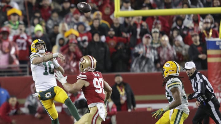 Jan 20, 2024; Santa Clara, CA, USA; Green Bay Packers quarterback Jordan Love (10) throws an interception that is caught by San Francisco 49ers linebacker Dre Greenlaw (not pictured) late in the fourth quarter in a 2024 NFC divisional round game at Levi's Stadium. Mandatory Credit: Dan Powers-USA TODAY Sports