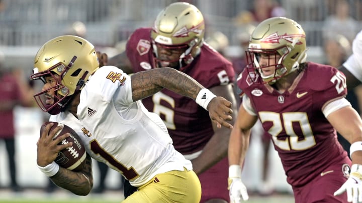 Sep 2, 2024; Tallahassee, Florida, USA; Boston College Eagles quarterback Thomas Castellanos (1) runs the ball during the first quarter against the Florida State Seminoles at Doak S. Campbell Stadium. Mandatory Credit: Melina Myers-USA TODAY Sports