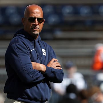 Penn State Nittany Lions head coach James Franklin stands on the field during warmups prior to the game against the Bowling Green Falcons at Beaver Stadium.