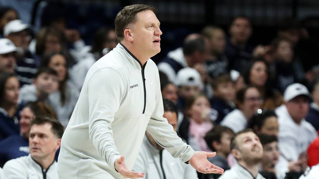 Penn State Nittany Lions head coach Mike Rhoades argues a call from the bench during the first half against the North Carolina Central Eagles at Bryce Jordan Center. Penn State Nittany Lions head coach Mike Rhoades argues a call from the bench during the first half against the North Carolina Central Eagles at Bryce Jordan Center.