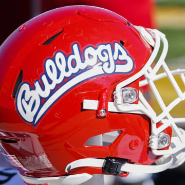 Oct 16, 2021; Laramie, Wyoming, USA; A general view of the Fresno State Bulldogs helmet during a game against the Wyoming Cowboys at Jonah Field at War Memorial Stadium. Mandatory Credit: Troy Babbitt-USA TODAY Sports