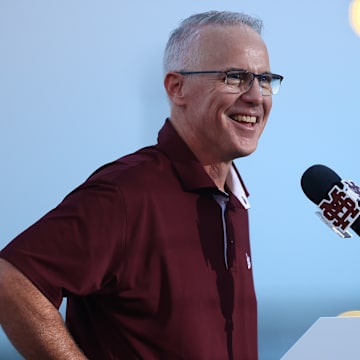 New Mississippi State Bulldogs coach Brian O'Connor talking to the cheering crowd at his formal introduction Thursday evening at Dudy Noble.