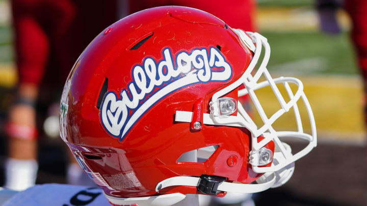 Oct 16, 2021; Laramie, Wyoming, USA; A general view of the Fresno State Bulldogs helmet during a game against the Wyoming Cowboys at Jonah Field at War Memorial Stadium. Mandatory Credit: Troy Babbitt-USA TODAY Sports