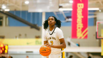 Team Thad’s Jasper Johnson (2) prepares to shoot a free throw during a game against Team Bradley Beal Elite during the Nike Elite Youth Basketball League session one on Friday, April 26, 2024 at the Memphis Sports & Event Center in Memphis, Tenn.