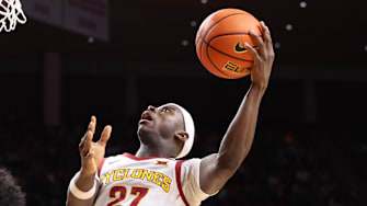 Dec 3, 2025; Ames, Iowa, USA;  Iowa State Cyclones guard Killyan Toure (27) shoots over Alcorn State Braves guard Alex Hawkins (10) during the first half at James H. Hilton Coliseum. 