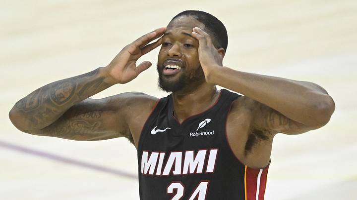 Apr 23, 2025; Cleveland, Ohio, USA; Miami Heat forward Haywood Highsmith (24) reacts in the fourth quarter of game two of the first round of the 2025 NBA Playoffs against the Cleveland Cavaliers at Rocket Arena. Mandatory Credit: David Richard-Imagn Images