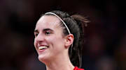 Indiana Fever guard Caitlin Clark (22) smiles during a game between the Indiana Fever and the Las Vegas Aces.