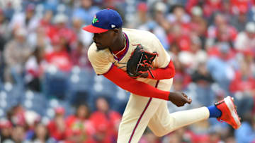 Apr 21, 2024; Philadelphia, Pennsylvania, USA; Philadelphia Phillies pitcher Yunior Marte (43) follows through on a pitch during the ninth inning against the Chicago White Sox at Citizens Bank Park.