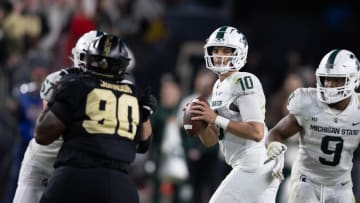 Nov 6, 2021; West Lafayette, Indiana, USA; Michigan State Spartans quarterback Payton Thorne (10) passes the ball  in the second half against the Purdue Boilermakers at Ross-Ade Stadium.