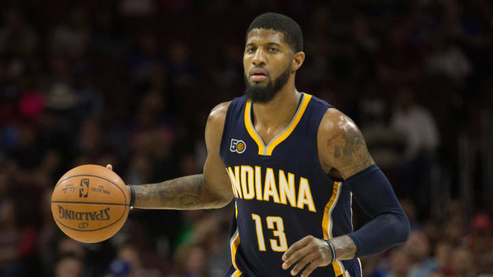 Apr 10, 2017; Philadelphia, PA, USA; Indiana Pacers forward Paul George (13) dribbles the ball against the Philadelphia 76ers during the second quarter at Wells Fargo Center. Mandatory Credit: Bill Streicher-USA TODAY Sports