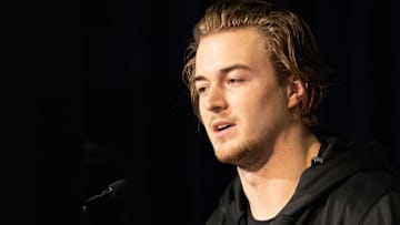 Pittsburgh quarterback Kenny Pickett talks to the media during the 2022 NFL Combine.
