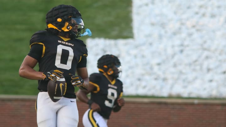 Aug. 17, 2024: Columbia, Missouri; Missouri Tigers wide receiver Joshua Manning looks back to the left sideline at the team's annual fan night practice at Faurot Field.