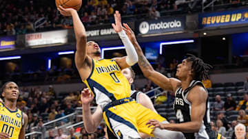 Oct 21, 2022; Indianapolis, Indiana, USA; Indiana Pacers guard Tyrese Haliburton (0) shoots the ball