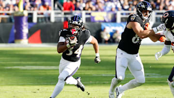 Oct 26, 2025; Baltimore, Maryland, USA; Baltimore Ravens running back Keaton Mitchell (34) rushes during the fourth quarter against the Chicago Bears at M&T Bank Stadium. Mandatory Credit: Geoff Burke-Imagn Images