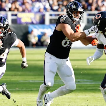 Oct 26, 2025; Baltimore, Maryland, USA; Baltimore Ravens running back Keaton Mitchell (34) rushes during the fourth quarter against the Chicago Bears at M&T Bank Stadium. Mandatory Credit: Geoff Burke-Imagn Images
