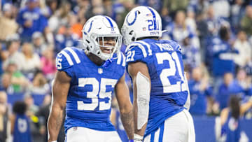 Jan 8, 2023; Indianapolis, Indiana, USA; Indianapolis Colts running back Zack Moss (21) celebrates