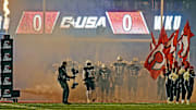 Jacksonville State runs onto the field for the C-USA Championship against Western Kentucky at AmFirst Stadium in Jacksonville, Alabama , Alabama December 6, 2024. (Dave Hyatt / Hyatt Media LLC)