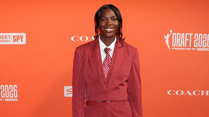 New York, NY, USA; Madina Okot poses for a photo on the orange carpet before the 2026 WNBA Draft at The Shed at Hudson Yards on April 13, 2026/