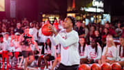 Indiana's Nick Dorn in the three-point contest during the Hoosier Hoops on Kirkwood event on Kirkwood Avenue just outside the Sample Gates on Thursday, Oct. 2, 2025.