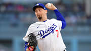 Los Angeles Dodgers pitcher Blake Snell warms up.