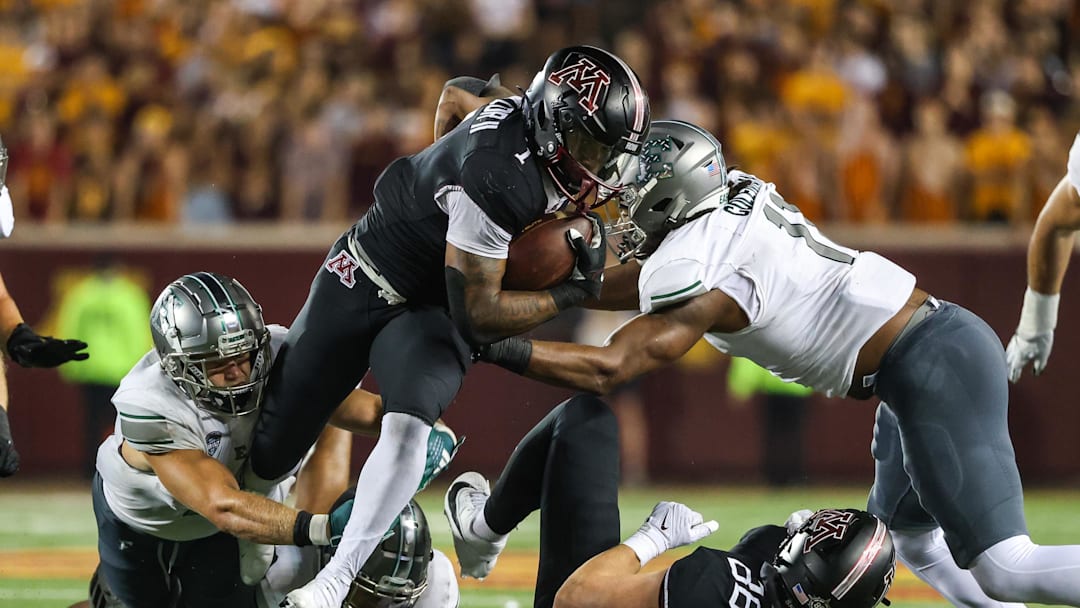 Minnesota Golden Gophers running back Darius Taylor (1) runs against the Eastern Michigan Eagles during the third quarter at Huntington Bank Stadium. Mandatory Credit: Matt Krohn-Imagn Images