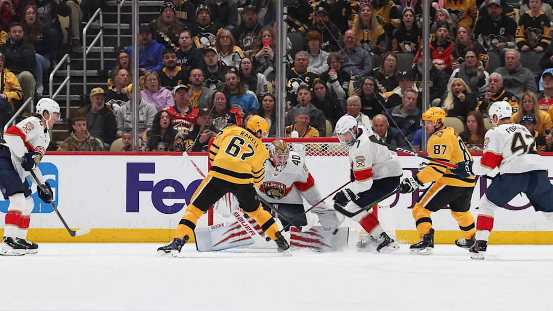 Apr 5, 2026; Pittsburgh, Pennsylvania, USA; Florida Panthers goalie Daniil Tarasov (40) makes a save against the Pittsburgh Penguins during the second period at PPG Paints Arena. Mandatory Credit: Mark Alberti-Imagn Images
