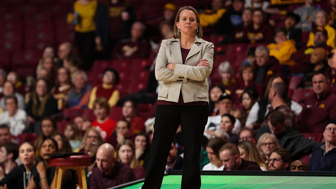 Feb 8, 2024; Minneapolis, Minnesota, USA; Minnesota Golden Gophers head coach Dawn Plitzuweit looks on during the second half against the Ohio State Buckeyes at Williams Arena. Mandatory Credit: Matt Krohn-Imagn Images Feb 8, 2024; Minneapolis, Minnesota, USA; Minnesota Golden Gophers head coach Dawn Plitzuweit looks on during the second half against the Ohio State Buckeyes at Williams Arena. Mandatory Credit: Matt Krohn-Imagn Images