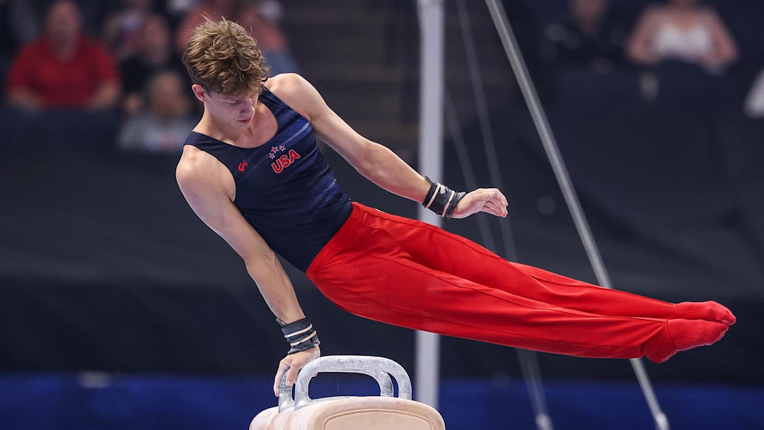 Jun 27, 2024; Minneapolis, Minnesota, USA; Patrick Hoopes competes on the pommel horse during the men's U.S. Olympic Team Trials at Target Center. Jun 27, 2024; Minneapolis, Minnesota, USA; Patrick Hoopes competes on the pommel horse during the men's U.S. Olympic Team Trials at Target Center.