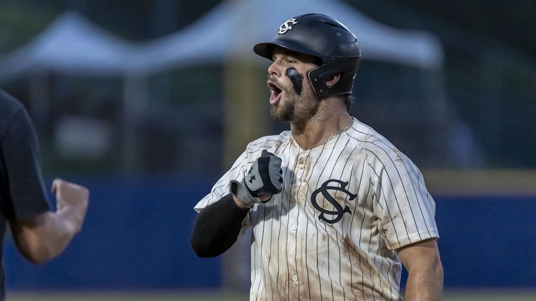 May 23, 2024; Hoover, AL, USA; South Carolina Gamecocks catcher Cole Messina (19) celebrates a two RBI single against the LSU Tigers during the SEC Baseball Tournament at Hoover Metropolitan Stadium. 