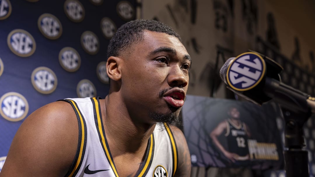 Oct 15, 2024; Birmingham, AL, USA; Missouri Tigers guard Tony Perkins talks with the media during SEC Media Days at Grand Bohemian Hotel. Mandatory Credit: Vasha Hunt-Imagn Images