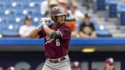 May 23, 2024; Hoover, AL, USA; Texas A&M Aggies outfielder Braden Montgomery (6) bats against the Tennessee Volunteers during the SEC Baseball Tournament at Hoover Metropolitan Stadium. Mandatory Credit: Vasha Hunt-USA TODAY Sports