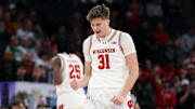 Mar 14, 2024; Minneapolis, MN, USA; Wisconsin Badgers forward Nolan Winter (31) celebrates his basket against the Maryland Terrapins during the first half at Target Center. Mandatory Credit: Matt Krohn-Imagn Images