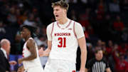 Mar 14, 2024; Minneapolis, MN, USA; Wisconsin Badgers forward Nolan Winter (31) celebrates his basket against the Maryland Terrapins during the first half at Target Center. Mandatory Credit: Matt Krohn-Imagn Images