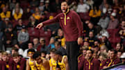 Nov 16, 2024; Minneapolis, Minnesota, USA; Minnesota Golden Gophers head coach Ben Johnson reacts during the second half against the Yale Bulldogs at Williams Arena. Mandatory Credit: Matt Krohn-Imagn Images