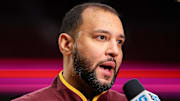 Nov 16, 2024; Minneapolis, Minnesota, USA; Minnesota Golden Gophers head coach Ben Johnson answers questions during a post game interview after the game against the Yale Bulldogs at Williams Arena. Mandatory Credit: Matt Krohn-Imagn Images