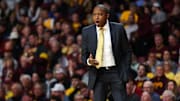 Nov 16, 2023; Minneapolis, Minnesota, USA; Missouri Tigers head coach Dennis Gates calls a play against the Minnesota Golden Gophers during the first half at Williams Arena. Mandatory Credit: Matt Krohn-Imagn Images