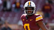 Oct 26, 2024; Minneapolis, Minnesota, USA; Minnesota Golden Gophers wide receiver Le'Meke Brockington (0) looks on before the game against the Maryland Terrapins at Huntington Bank Stadium. Mandatory Credit: Matt Krohn-Imagn Images