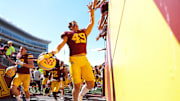 Sep 7, 2024; Minneapolis, Minnesota, USA; Minnesota Golden Gophers linebacker Matt Kingsbury (49) celebrates his teams win against the Rhode Island Rams after the game at Huntington Bank Stadium. Mandatory Credit: Matt Krohn-Imagn Images