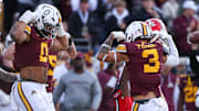 Oct 26, 2024; Minneapolis, Minnesota, USA; Minnesota Golden Gophers defensive back Koi Perich (3) celebrates after intercepting a pass against the Maryland Terrapins during the first half at Huntington Bank Stadium. Mandatory Credit: Matt Krohn-Imagn Images