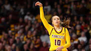 Jan 14, 2024; Minneapolis, Minnesota, USA; Minnesota Golden Gophers guard Mara Braun (10) reacts to her shot against the Nebraska Cornhuskers during the first half at Williams Arena. Mandatory Credit: Matt Krohn-Imagn Images