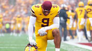 Sep 14, 2024; Minneapolis, Minnesota, USA; Minnesota Golden Gophers linebacker Devon Williams (9) takes a moment to himself before the game against the Nevada Wolf Pack at Huntington Bank Stadium. Mandatory Credit: Matt Krohn-Imagn Images