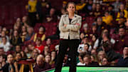 Feb 8, 2024; Minneapolis, Minnesota, USA; Minnesota Golden Gophers head coach Dawn Plitzuweit looks on during the second half against the Ohio State Buckeyes at Williams Arena. Mandatory Credit: Matt Krohn-Imagn Images