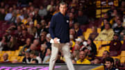 Nov 6, 2024; Minneapolis, Minnesota, USA; Oral Roberts Golden Eagles head coach Russell Springmann looks on during the first half against the Minnesota Golden Gophers at Williams Arena. Mandatory Credit: Matt Krohn-Imagn Images