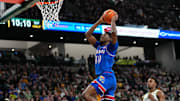 Feb 1, 2025; Waco, Texas, USA;  Kansas Jayhawks forward Flory Bidunga (40) dunks the ball against the Baylor Bears during the first half at Paul and Alejandra Foster Pavilion. Mandatory Credit: Chris Jones-Imagn Images